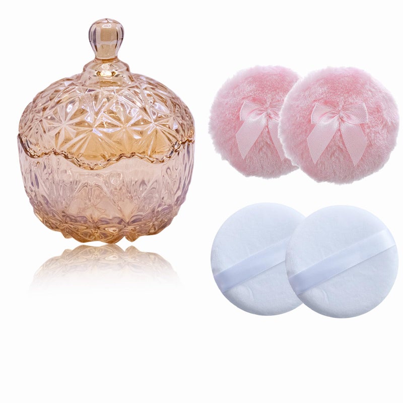 Qopoto 5 Pieces Large Body Powder Puff and Powder Container Crystal Case for Dust Puff Powder applicator with Box for Face and Body Amber Crown